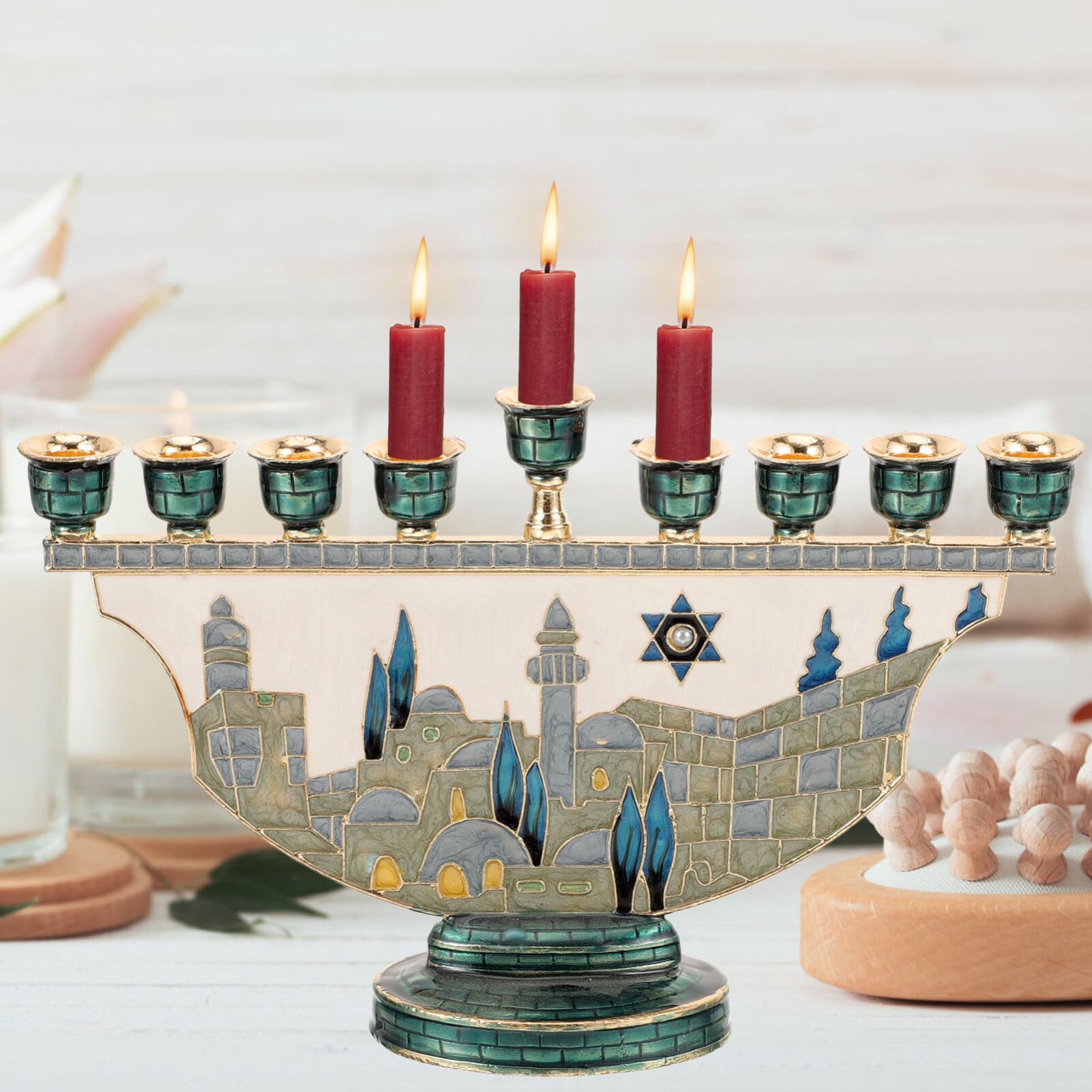 Jerusalem Menorah Hanukkah Can - Candle Holder Decor 评论和价格